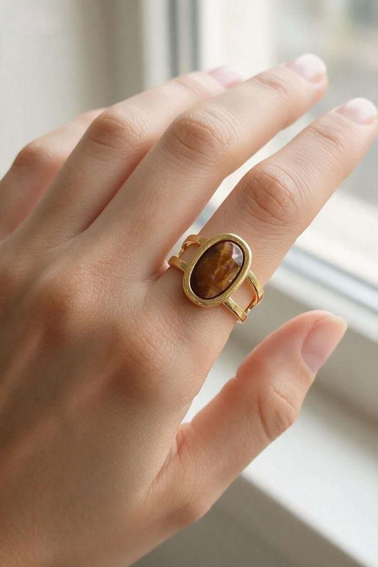 AL1003R-Bague ajustable en acier inoxydable doré avec pierre-MARRON