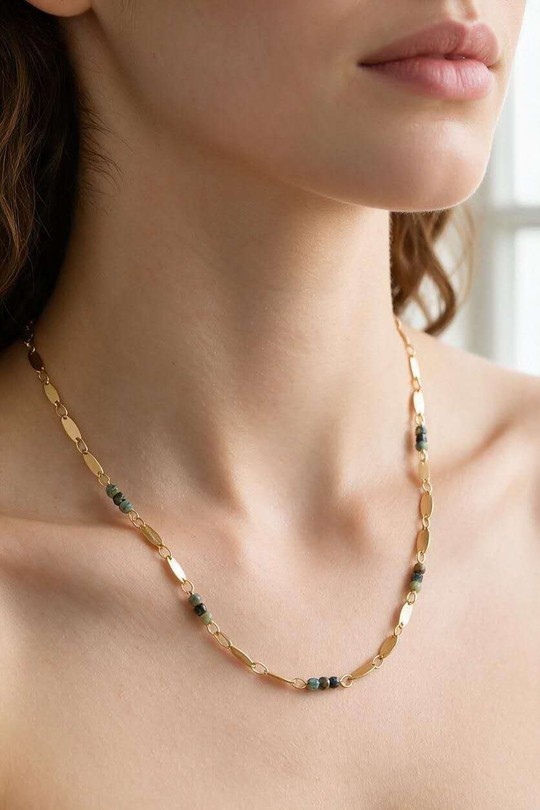 A0917N-Collier en acier inoxydable doré avec pierres-VERT