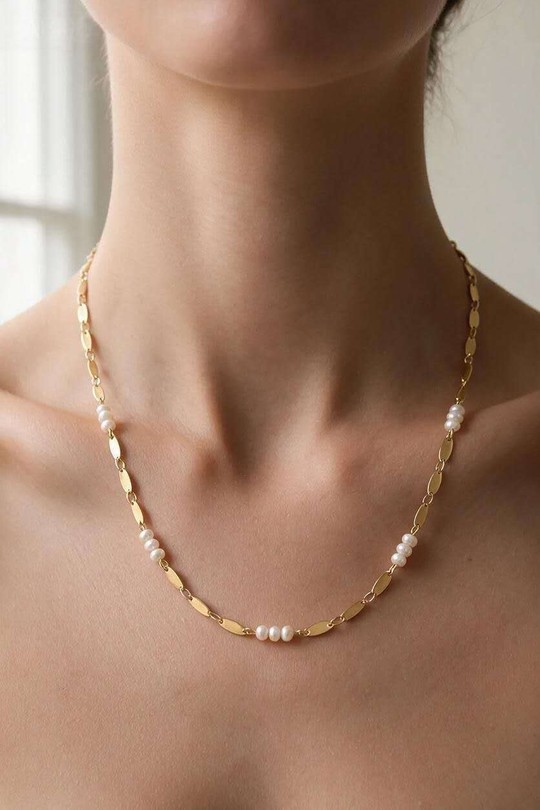A0917N-Collier en acier inoxydable doré avec perles d'eau douce-BLANC