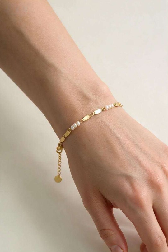 A0917B-Bracelet en acier inoxydable doré avec perles d'eau douce-BLANC