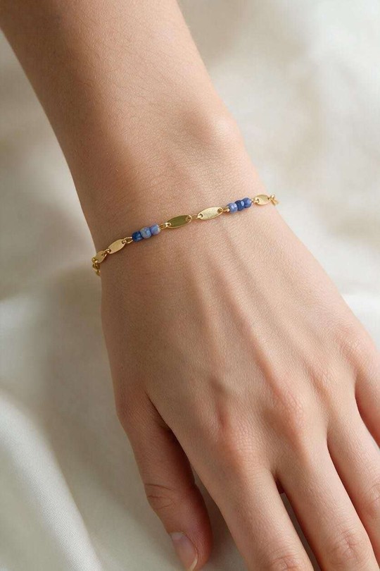 A0917B-Bracelet en acier inoxydable doré avec pierres-BLEU