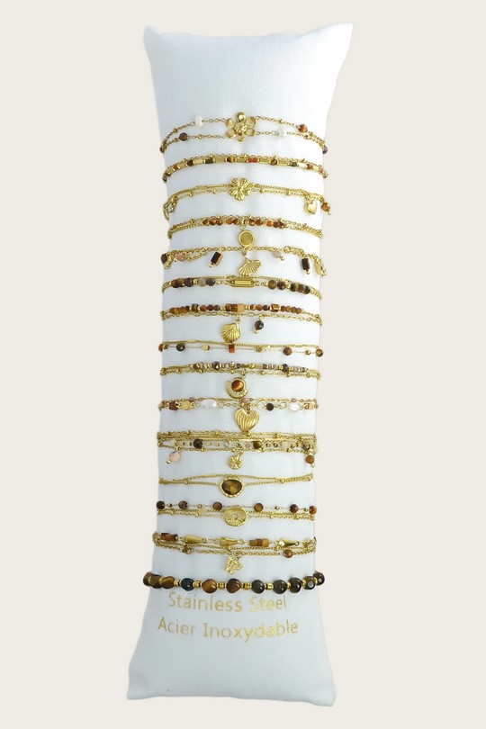3641-6 Lot de 15 bracelets en acier inoxydable – assortiment de modèles variés avec pierres et éléments décoratifs-MARRON