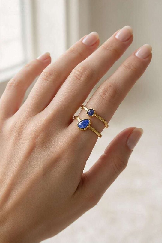A1121R-Bague ajustable en acier inoxydable doré avec pierres-BLEU FONCÉ