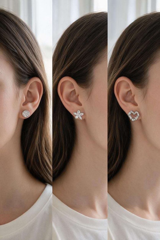 AL0940E-A Lot de 3 paires de boucles d'oreilles puces en acier inoxydable et zirconiums-ARGENT