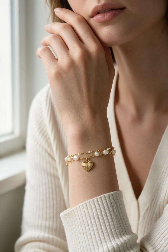 A1127B-10 Bracelet 2 rangs en acier inoxydable, perles d'eau douce, chaîne émaillée et pendentif cœur-BLANC