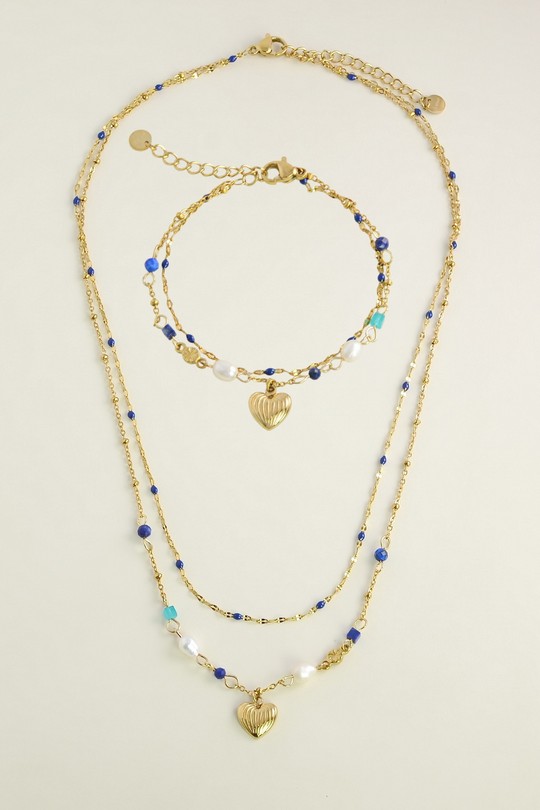 A1126N-A1127B-2 Parure collier et bracelet 2 rangs en acier inoxydable-BLEU FONCÉ