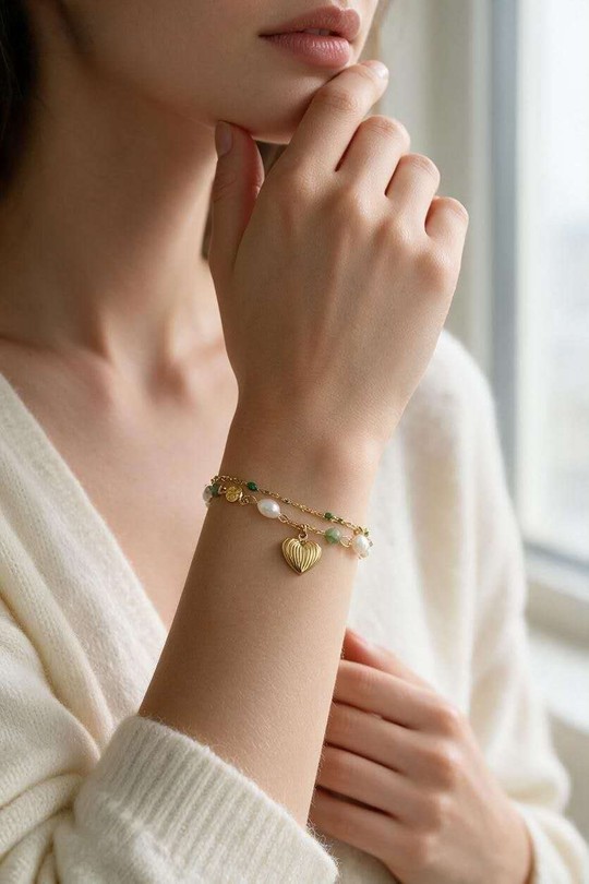 A1127B-Bracelet 2 rangs en acier inoxydable, chaîne émaillée, perles d'eau douce, pierres et pendentif cœur-VERT FONCÉ