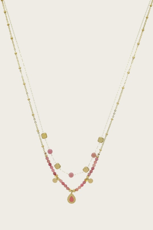 A0444N-Collier 2 rangs en acier inoxydable, émail et pendentif goutte-ROSE