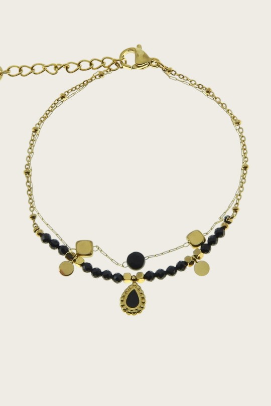 A0444B-Bracelet 2 rangs en acier inoxydable, émail et pendentif goutte-NOIR