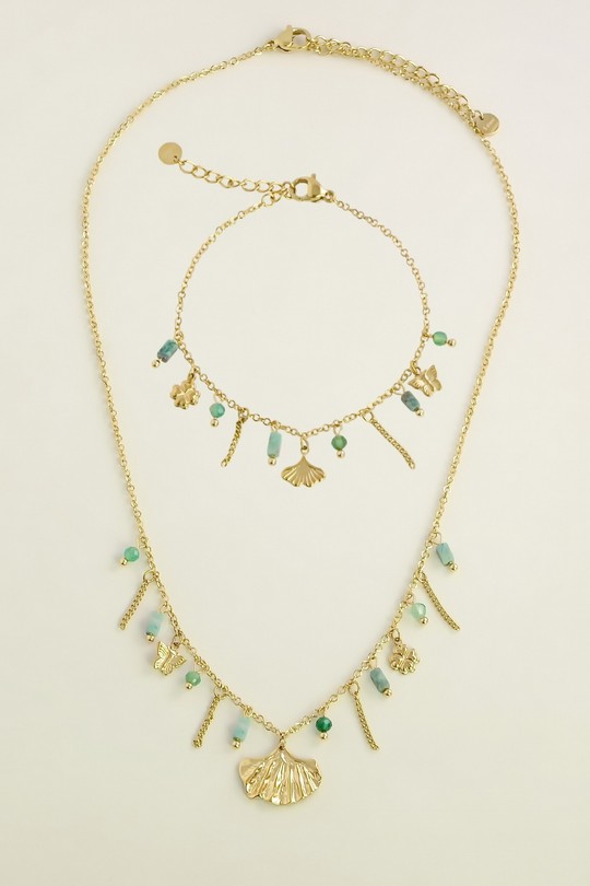 A1144B-N Parure collier & bracelet en acier inoxydable et pierres-VERT