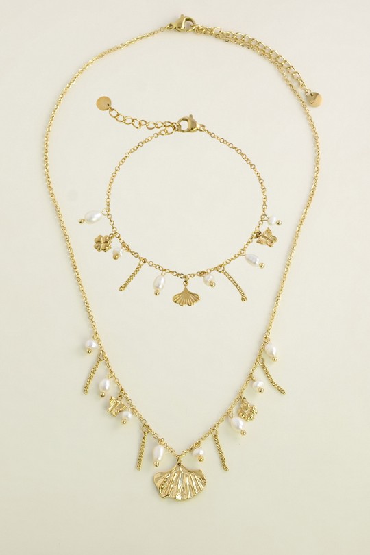A1144B-N Parure collier & bracelet en acier inoxydable et perles d'eau douce-BLANC