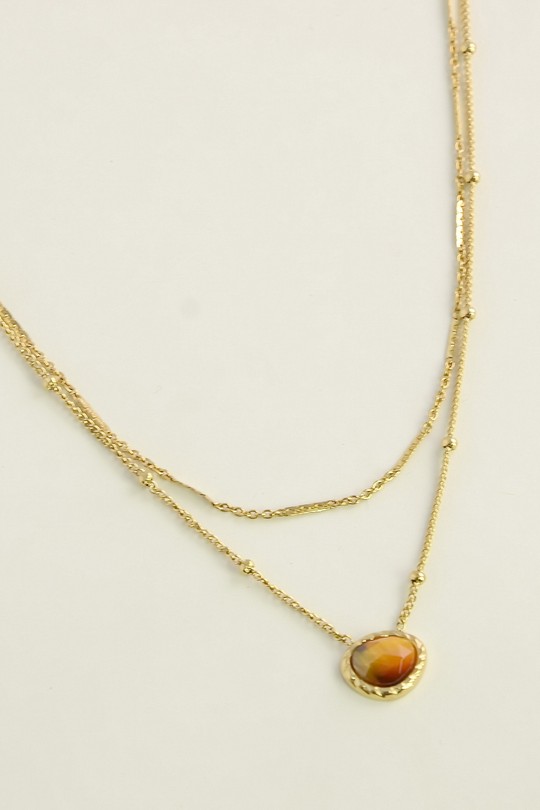 A1141N-Collier double rang en acier inoxydable avec pierre-MARRON