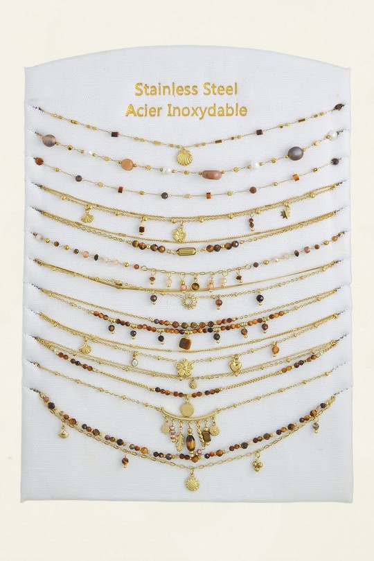1621-6 Lot de 12 colliers en acier inoxydable doré – pierres & autres matériaux-MARRON