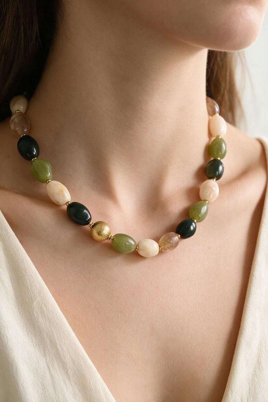 A0908N-Collier en acier inoxydable avec perles en résine-VERT
