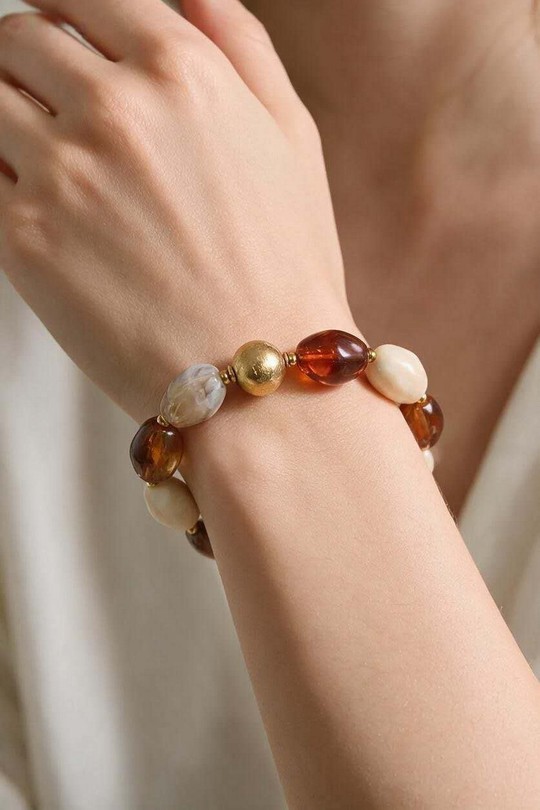 A0908B-Bracelet en acier inoxydable avec perles en résine-MARRON