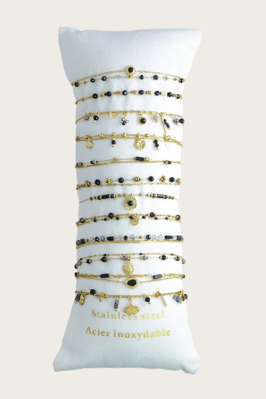 3642-1 Lot de 12 bracelets en acier inoxydable doré – pierres & autres matériaux-NOIR