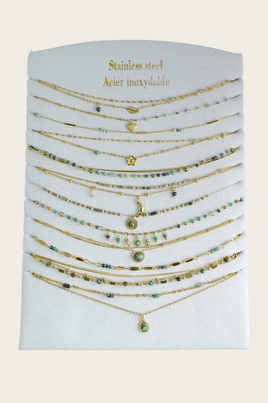 1622-3 Lot de 12 colliers en acier inoxydable doré – pierres & autres matériaux-VERT