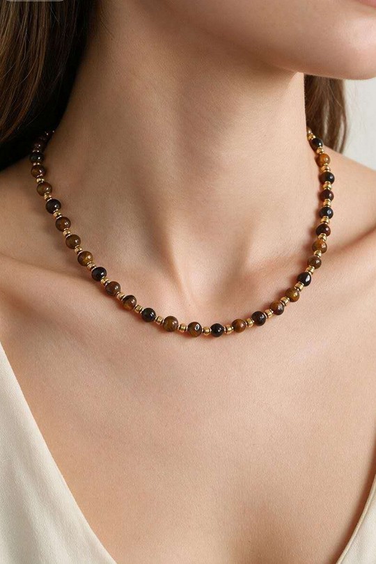 AD0719N-6 Collier en acier inoxydable à pierres-MARRON