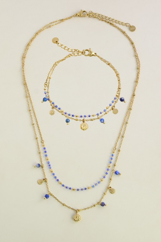 A1124N-A1125B-2-3 Parure double rang en acier inoxydable à pierres et rocailles-BLEU