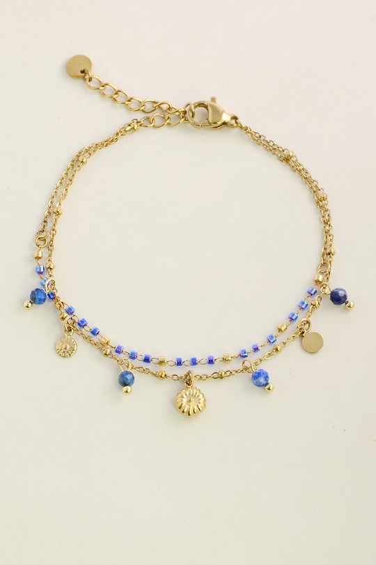 A1125B-2-3 Bracelet double rang en acier inoxydable à pierres et rocailles-BLEU