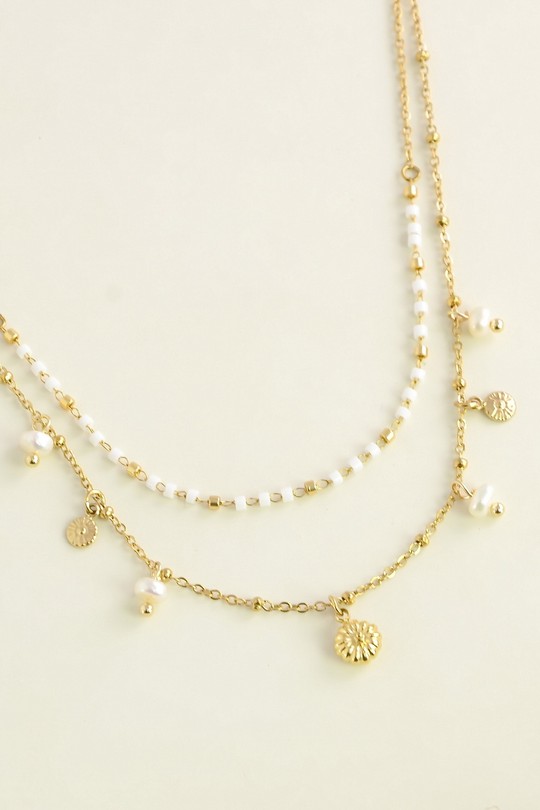 A1125N-10 Collier double rang à perles d'eau douce et rocailles-BLANC