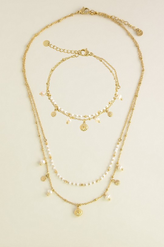 A1125N-A1124B-10Parure double rang à perles d'eau douce et rocailles-BLANC