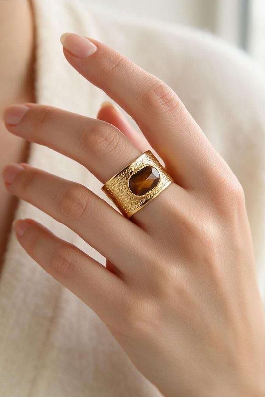 A1117R-Bague ajustable en acier inoxydable avec pierre-MARRON