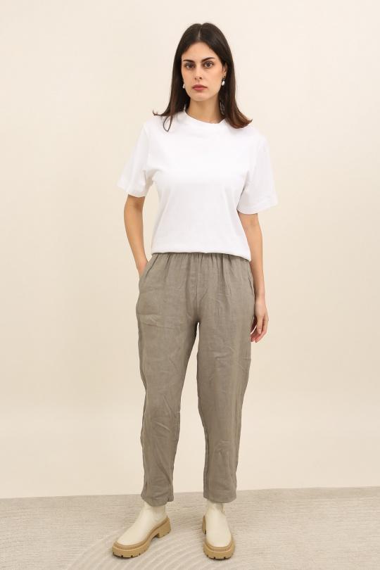 6605 PANTALON DROIT EN LIN-TAUPE