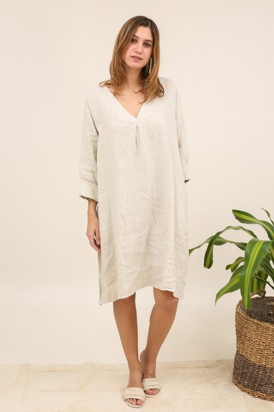 2961 ROBE EN LIN À PINCES-BEIGE