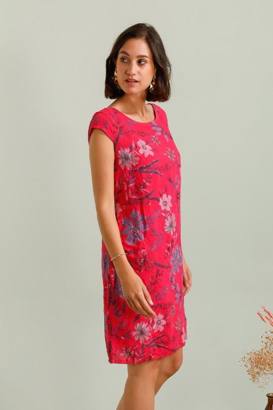3351 ROBE EN LIN FINES FLEURS-FUSCHIA