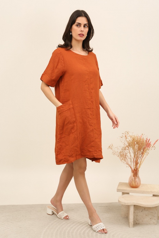 28132 ROBE MI LONGUE EN LIN-TERRACOTA