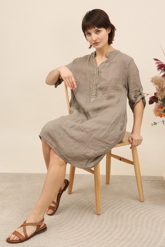 71138 ROBE BOUTONNÉE EN LIN-TAUPE