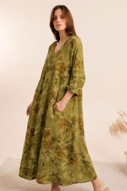 25754 Robe en lin plus size à fleurs-VERT POMME
