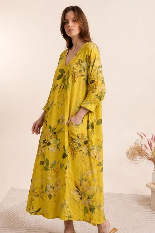 25754 Robe en lin plus size imprimée-JAUNE