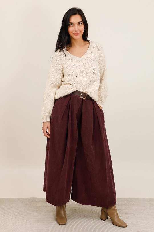 30622 Pantalon en velours avec ceinture-BORDEAUX