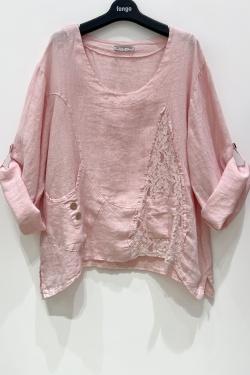 BLOUSE-LARGE-LIN-DENTELLE-ROSE PÂLE