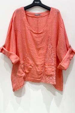 BLOUSE-LARGE-LIN-DENTELLE-ROSE PÂLE