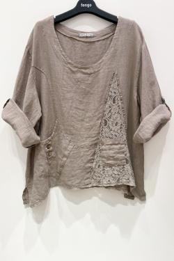 BLOUSE-LARGE-LIN-DENTELLE-ROSE PÂLE