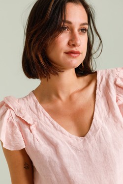 TOP-LIN-VOLANT-A-ROSE PÂLE