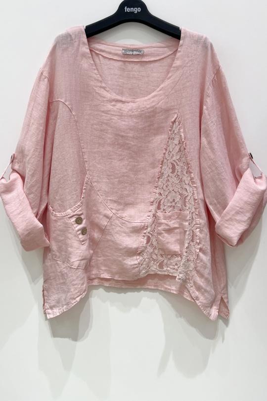 BLOUSE-LARGE-LIN-DENTELLE-ROSE PÂLE