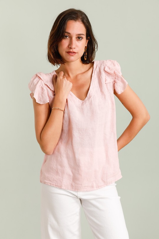 TOP-LIN-VOLANT-A-ROSE PÂLE