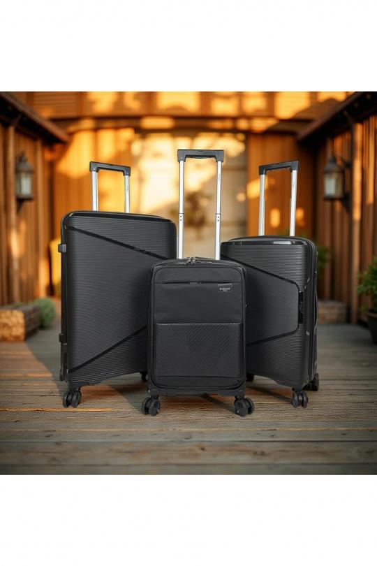 AESIR, COLLECTION DE 3 VALISES EN POLYPROPYLÈNE ET CABINE POCHE ORDINATEUR BI-MATIÈRE. (HLS-218) NOIR-NOIR