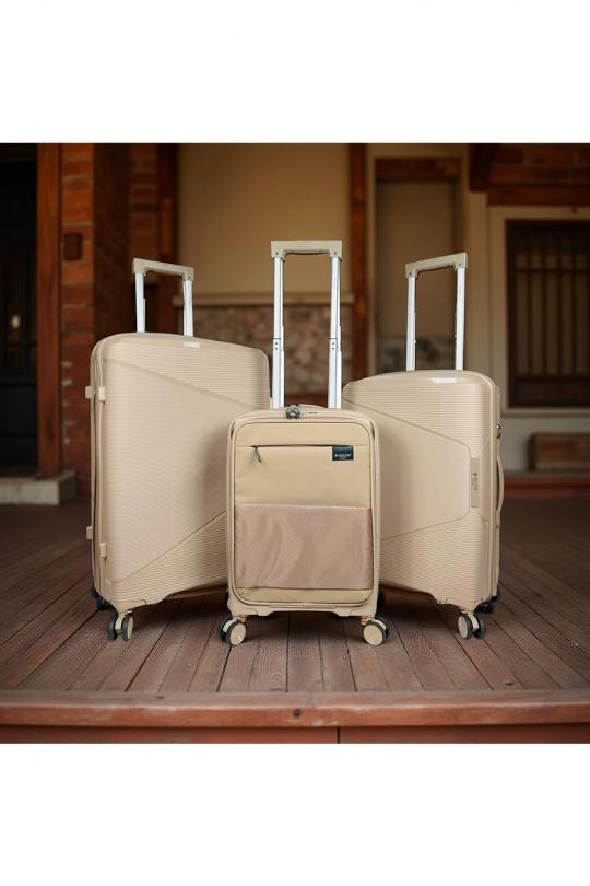 AESIR, COLLECTION DE 3 VALISES EN POLYPROPYLÈNE ET CABINE POCHE ORDINATEUR BI-MATIÈRE. (HLS-218) BEIGE-BEIGE