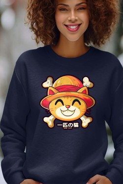 One Lucky Cat - Sweat Col Rond Femme-MARINE