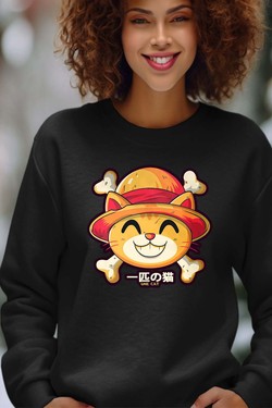 One Lucky Cat - Sweat Col Rond Femme-MARINE
