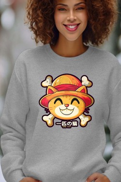 One Lucky Cat - Sweat Col Rond Femme-MARINE