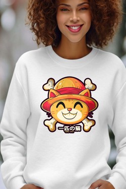 One Lucky Cat - Sweat Col Rond Femme-MARINE