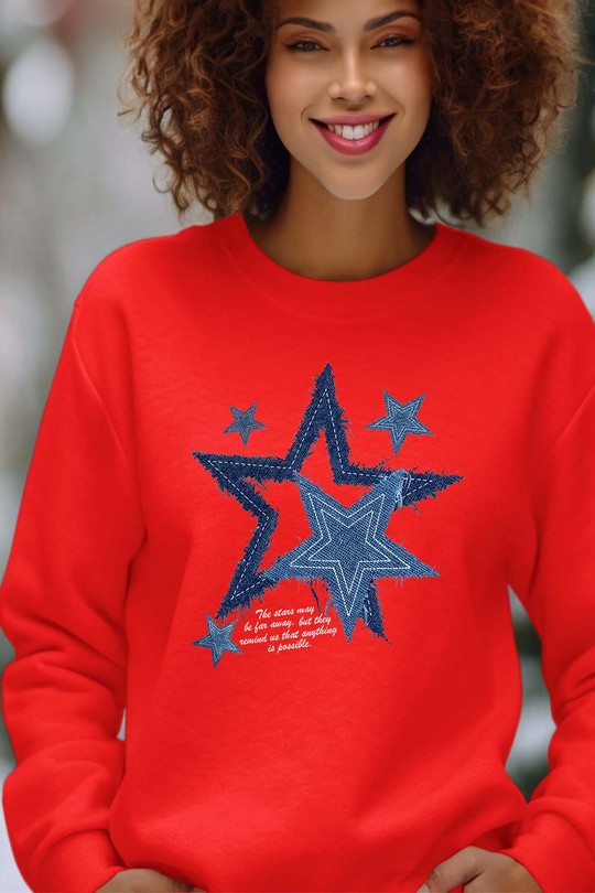 jeans stars - Sweat Col Rond Femme-ROUGE
