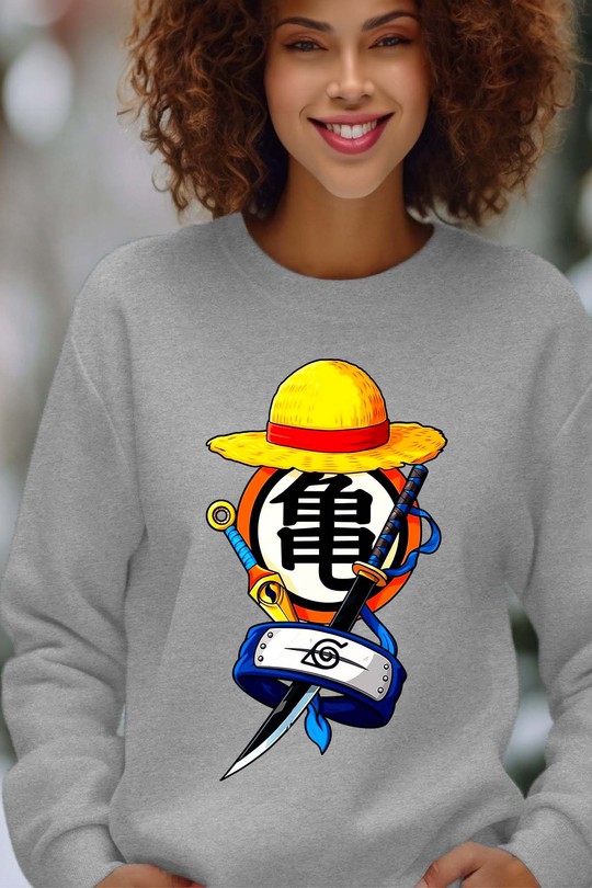 lufy goku naruto - Sweat Col Rond Femme-GRIS