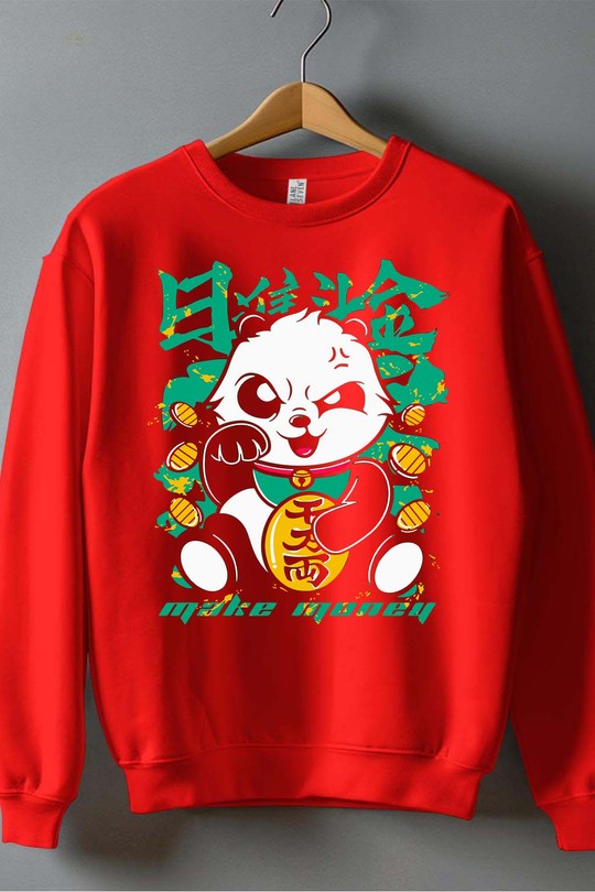 lucky panda - Sweat Col Rond Homme-ROUGE